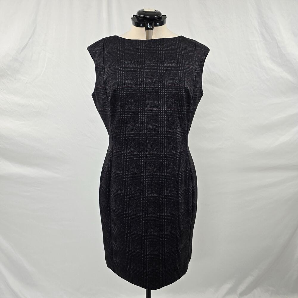 Chaps Sheath Dress Women's XL Dark Gray Plaid Cap Sleeves Back Zipper Woven